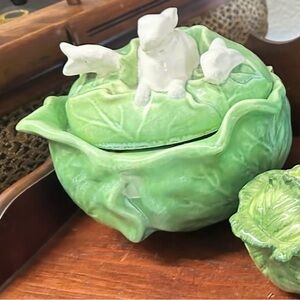 Green Ceramic Cabbage Tureen with White Animal Accent - Home Accents